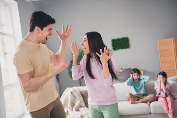 Poster - Photo of stressed depressed children dressed casual clothes suffering parents quarrels indoors house apartment room