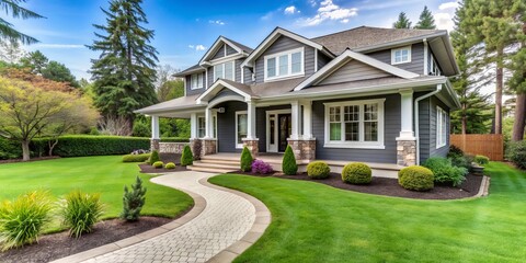 Wall Mural - Modern gray house with stylish white trim, inviting covered porch, and beautifully landscaped front yard featuring a curved pathway, lush green lawn, and ornate shrubs