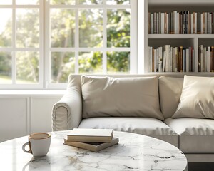 Wall Mural - Minimalist living room, round marble table, books on sofa, copy space, bright natural light, modern style, bookcase, window view, coffee cup on side table.