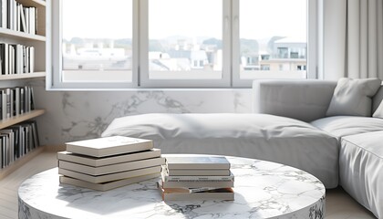 Wall Mural - Minimalist living room, round marble coffee table, stack of books on sofa, copy space, bright light, modern style, bookcase, window view.