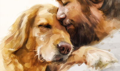 Wall Mural - Both Jesus and the dog expressions are captured with delicate detail, emphasizing their mutual respect and bond. Jesus' soft gaze and the dog attentive look convey a sense of mutual recognition