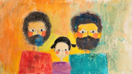 Two fathers with their daughter are depicted in a vibrant crayon drawing, showcasing love and togetherness