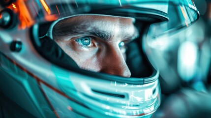 A person is wearing a sleek and modern helmet, with the image focusing on the helmet's design and detail, showcasing safety, technology, and a sleek futuristic look.