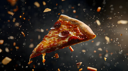 Wall Mural - A slice of pizza is suspended in the air. with cheese falling from it and small pieces floating around on a background 