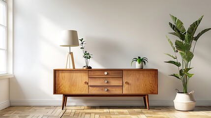 Wall Mural - Minimalist retro sideboard, lamp and plants, white wall, living room, high resolution closeup, detailed capture.