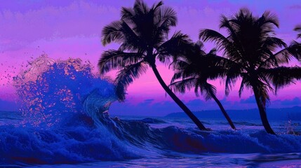 Wall Mural - Tropical Sunset Silhouette: Vibrant Ocean Waves and Palm Trees