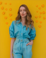 Wall Mural - A woman standing in front of a yellow wall with hearts on it