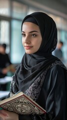 Wall Mural - A woman in a black hijab holding a book