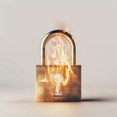 Medium shot of Padlock on fire, isolated on a white background, bright and vivid tonality 