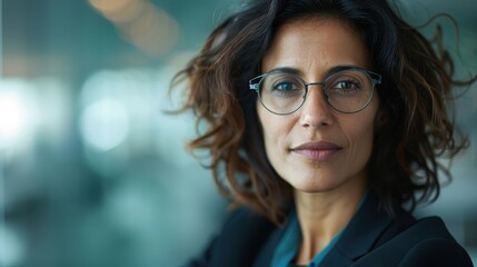 A confident woman with glasses stands in soft natural lighting, showcasing self-assurance and composure, framed by a gently blurred background in a professional environment.