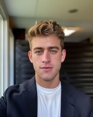 Wall Mural - A man in a black suit and white t-shirt posing for a picture