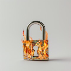 Medium shot of Padlock on fire, isolated on a white background, bright and vivid tonality 