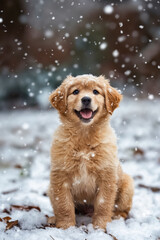 Sticker - A small brown dog sitting in the snow with its tongue out