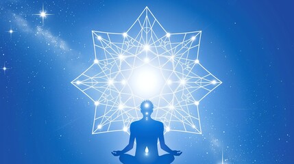 Wall Mural - silhouette of a person meditating in front of a glowing geometric star pattern against a starry nigh