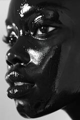 Sticker - A black and white photo of a woman with black paint on her face