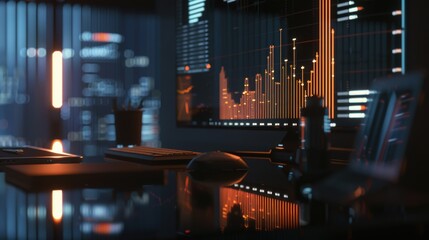 Wall Mural - computer displaying financial data and charts on multiple monitors in a dimly lit office at night