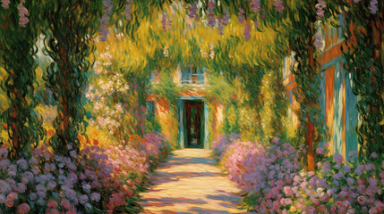 Wall Mural - Verdant pathway through summer blossoms in an impressionist garden