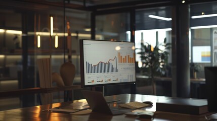 Wall Mural - desktop computer displaying a statistical chart is sitting on a desk in an empty modern office
