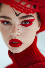 Wall Mural - A woman wearing a red hat and red lipstick.