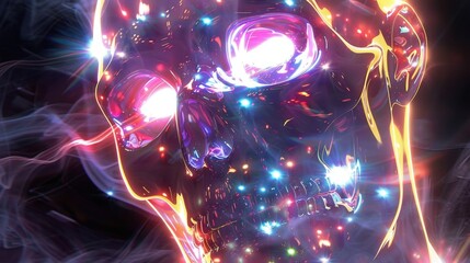 Wall Mural - Futuristic Neon Glowing Skull with Abstract Light Effects