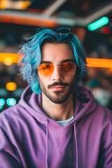 Sticker - A man with blue hair wearing a purple hoodie and sunglasses