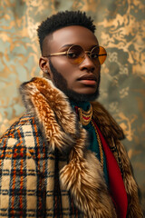 Canvas Print - A man wearing a fur coat and sunglasses.