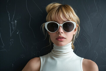 Sticker - A woman wearing a white turtle neck top and sunglasses.