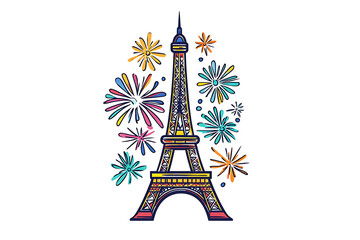 Bastille day. 14th of July. La Fete Nationale. French National day greeting card and poster design. Hand drawn watercolor illustration with Eiffel tower 