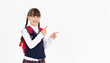 © Яна Солодкая - Image of european primary school student on white background pointing right