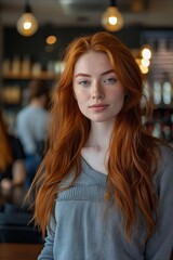 Poster - A woman with long red hair standing in a restaurant