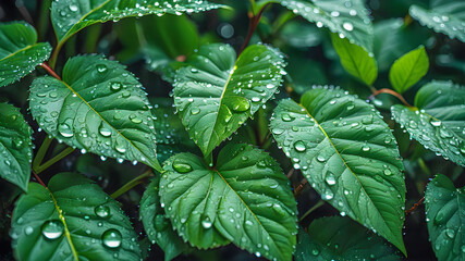 Wall Mural - Beautiful abstract dark green of tropical plants green lush after rain drops in monsoon season. rainy season, water drop on green palm leaf, big foliage in rain forest, nature background. AI generated