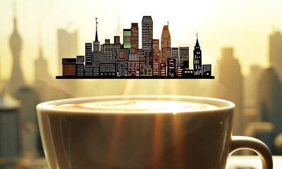 Sticker - A coffee cup with steaming cityscapes.