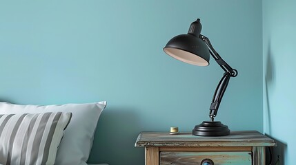 Wall Mural - Black metal lamp on wooden bedside table, pastel blue wall, bedroom decor, product advertising mockup, high resolution photo.