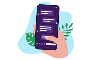 Fototapete - Text message on phone screen - Hand holding smartphone with texting and messaging symbols on screen having online chat conversation on smartphone. Flat design vector illustration with white background
