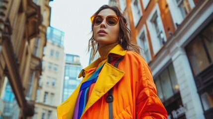 Wall Mural - Stylish Woman in Vibrant Orange Jacket Posing in Urban Setting