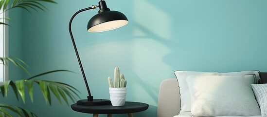 Poster - Modern black lamp on bedside table, pastel blue wall, bedroom decor, product ad mockup, close-up, high resolution photo.