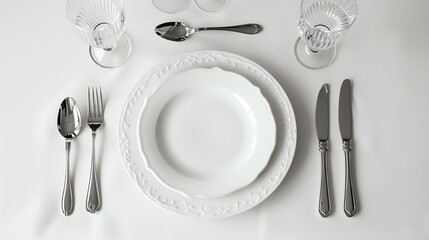 A place setting for a formal dinner, with a white plate, silver cutlery, and glasses.