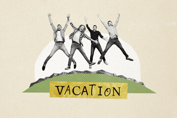 Sticker - Composite photo collage of group happy man jump summer vacation vibe adventure friends gathering weekend isolated on painted background