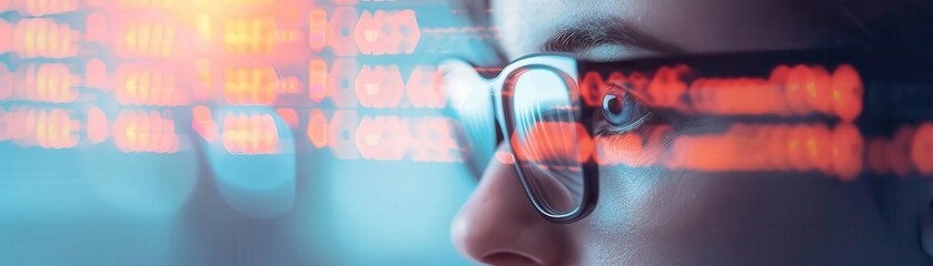 Close-up of a focused person wearing glasses with data code reflections, representing technology, programming, and cybersecurity concepts.