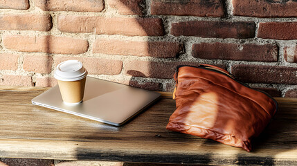 Wall Mural - Close-Up of Closed Laptop, Takeaway Coffee Cup, and Bag on Bench with Brick Wall Background