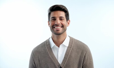 Wall Mural - Medium shot portrait video of a satisfied man in his 30s that is wearing a chic cardigan against a white background