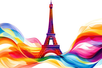 Wall Mural - Watercolor Aesthetics of the Eiffel tower with colorful wave in the background