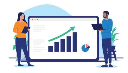 Aufkleber - Business growth - Man and woman with laptop computer looking at rising diagram chart and graph with green arrow pointing up towards financial success. Flat design vector illustration