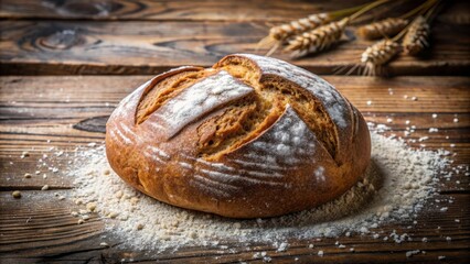 A close-up of a freshly baked sourdough bread, with a rustic wooden background and wheat stalks, symbolizing home-baked goodness, natural ingredients, traditional baking, artisan craftsmanship, and fo