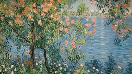 Wall Mural - Impressionist summer landscape with blossoming trees by the water