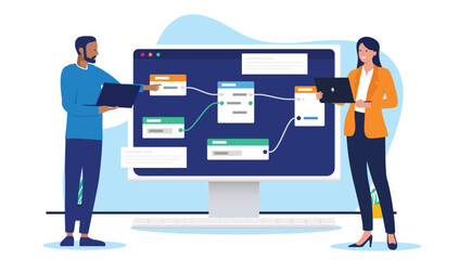 Wall Mural - Computer people solving complex problem - Two developers working using node-based interface for scripting data science and software. Flat design vector illustration on white background