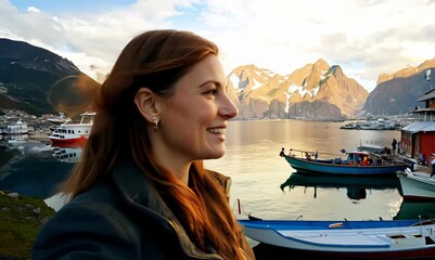 Wall Mural - Portrait of a smiling young woman standing in front of a harbor in Lofoten islands, Norway