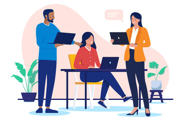 Poster - Computer people working - Group of three businesspeople in office standing and sitting while doing work and having conversation and discussion while smiling. Flat design vector illustration