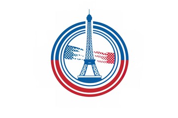 3D logo of the Eiffel Tower inside a ribbon made from red and blue, sticker, white space around the graphic for text, post textile design template in the style of white color palette, sticker art 