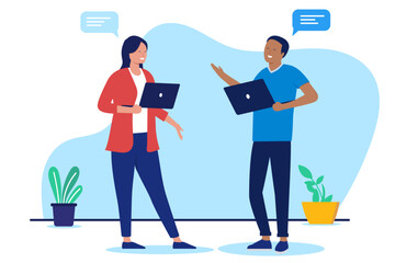 Poster - Two people with laptops talking - Business man and woman holding computers in hand having a conversation and dialogue together, smiling with speech bubbles. Flat design vector illustration